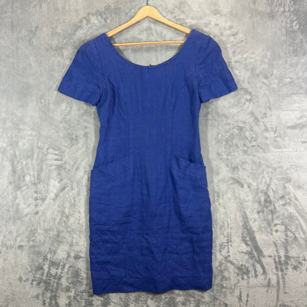 Ann Taylor Vintage 100 Linen Dress Womens 2 Blue Short Sleeve Sheath Pockets